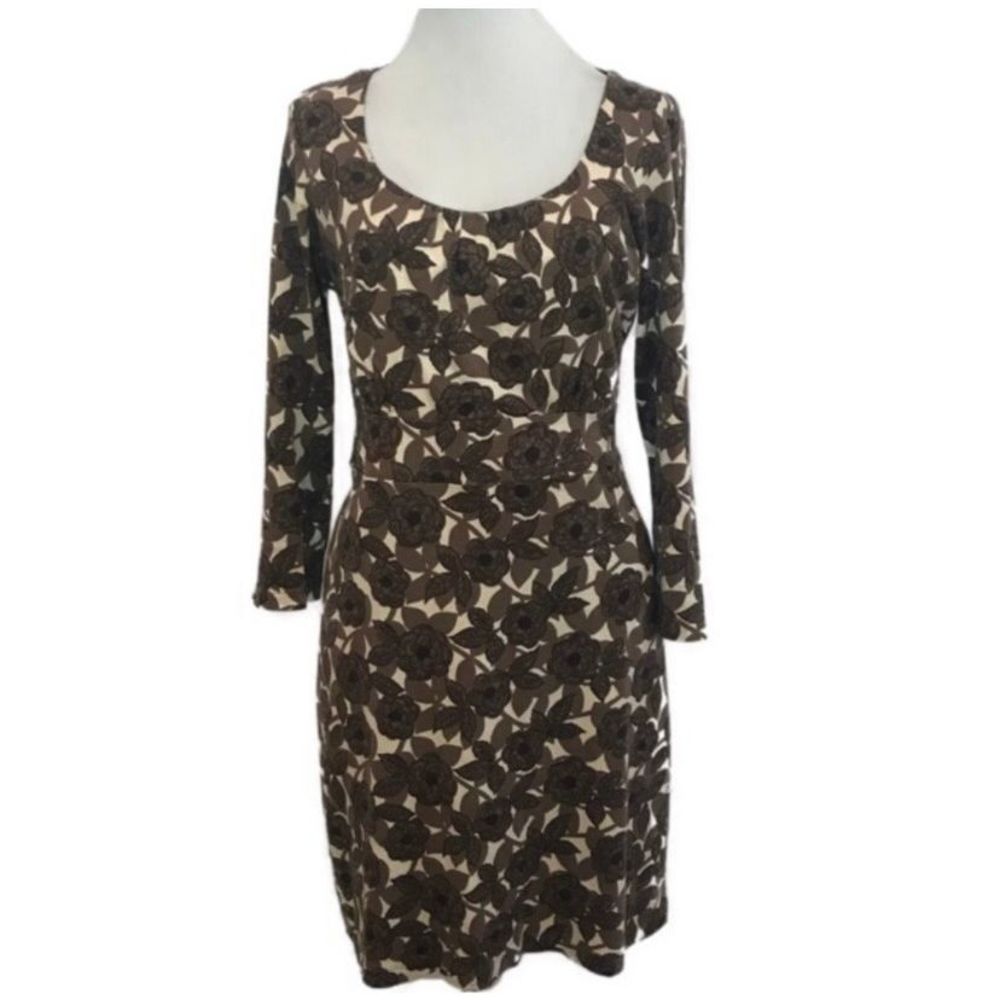 Boden Dress Brown on White Floral Empire Waist 3/4 Sleeves